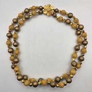 Vintage Art Deco Style Yellow Gold tone Double Stranded Floral Design Neclace